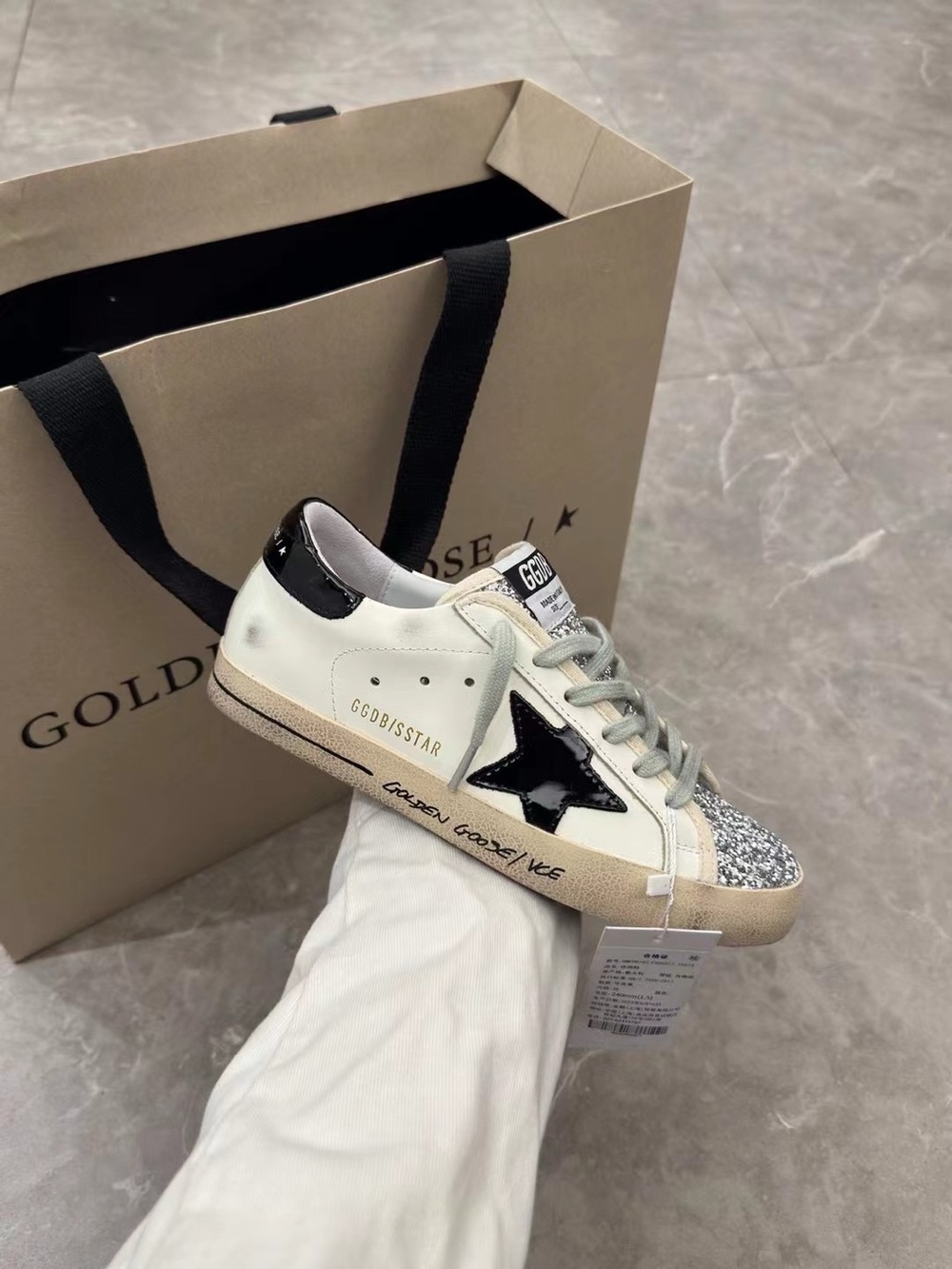 Golden Goose White Leather Sneakers with Black Star and Silver Glitter Toe - Picture 6 of 8
